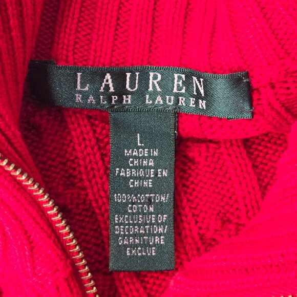 Ralph Lauren LRL Cable Knit Sweater Womens L Red Cotton Full Zip Preppy Classic - Picture 8 of 12